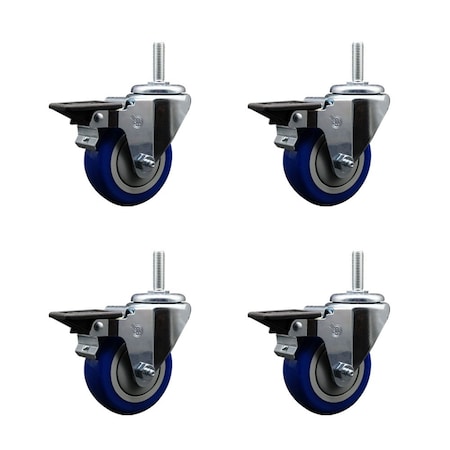 Service Caster 35 Inch Blue Polyurethane Wheel Swivel 34 Inch Threaded Stem Caster Set with Brake SCC SCC-TS20S3514-PPUB-BLUE-PLB-34212-4